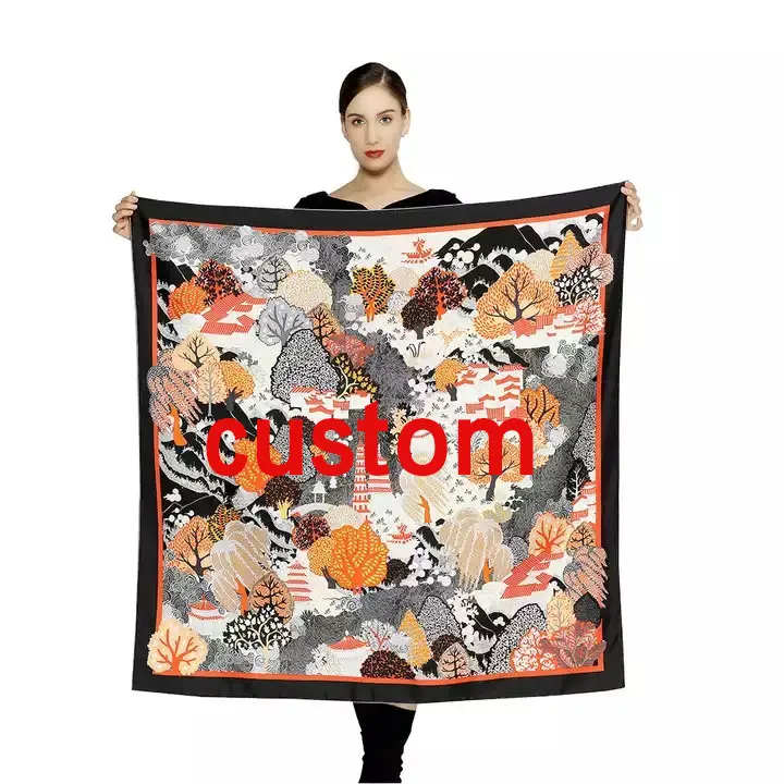 Custom big women digital printing satin pure silk scarf 90*90 cm hair square polyester ethicon soie scarves ladies BB