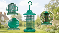 Mangeoire à oiseaux suspendue en métal vertigrine antique avec dôme central, tube à graines en maille, plateau de récupération des graines au bas et crochet de suspension, résistante à la rouille