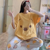 Conjunto de Pijama de Seda de Leche para Mujer, Estilo Coreano, Transpirable, Cuello Redondo, Largo, Holgado, Talla Grande, con Dibujos Animados