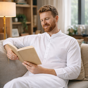 Completo <span class=keywords><strong>Etnico</strong></span> Bianco da <span class=keywords><strong>Uomo</strong></span> con Kurta e Pajama, Ricamo Personalizzato, <span class=keywords><strong>Abbigliamento</strong></span> Casual Comodo - Product Image 2