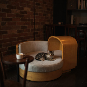 Cama Redonda Moderna para Gatos, Tipo Sofá, Semicerrada, de Madera, con Cojín Lavable, Decoración para Mascotas en Interiores - Product Image 3