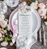 Menus de mariage bohèmes romantiques, floraux, luxueux, élégants, faits à la main, en papier vélin rose poudré, avec ficelle, cartes d'invitation de mariage glamour