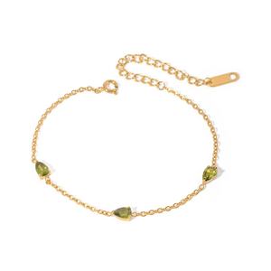 Fashion 18K Gold Plated Stainless Steel Fine <b>Chain</b> Jewelry Gift Charm Green Heart Cubic Zirconia Bracelet - Product Image 1