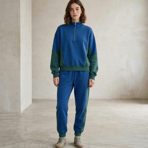 Conjunto Deportivo 2 en 1 para Mujer, Color Azul Verde, Bloques de Color, Sudadera con Media Cremallera, Pantalones Largos Deportivos - Product Image 1