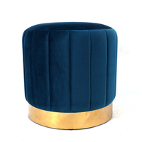 HStex — ensemble canapé de luxe personnalisé en français, design antique, tabouret rond en velours bleu, avec pieds en bois