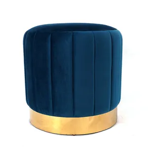 Velvet Ottoman Pouf HStex French Custom Luxury Sofa Set Designs Antique Furniture Blue Velvet Round Shape Foot Stool Ottoman Pouf With Wooden Legs