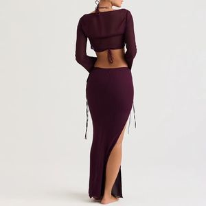Source Factory ODM Elegant Prune Cutout <b>Maxi</b> <b>Tulle</b> <b>Skirt</b> Dropped Waist Ladies Party Summer Purple Sexy Two Piece <b>Skirt</b> Set - Product Image 2