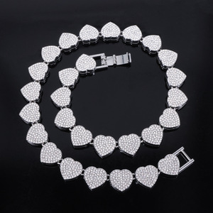 欧美潮流酷炫嘻哈风格跨境合金项链男士心形满钻古巴链 - Product Image 2