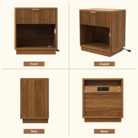 Nakas Kayu Modern Multi-Fungsi Ramah Lingkungan dengan Lampu LED Sensor, Port Pengisian Daya, Penyimpanan Terbuka, dan Desain Beralur untuk Perabot Kamar Tidur