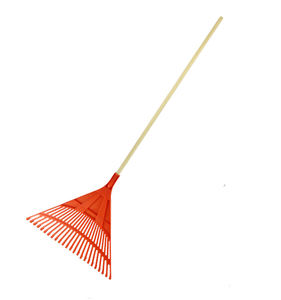 PP tête rouge en bois droit à long manche 24 dents en plastique râteau à feuilles outils de pelouse de jardin - Product Image 1