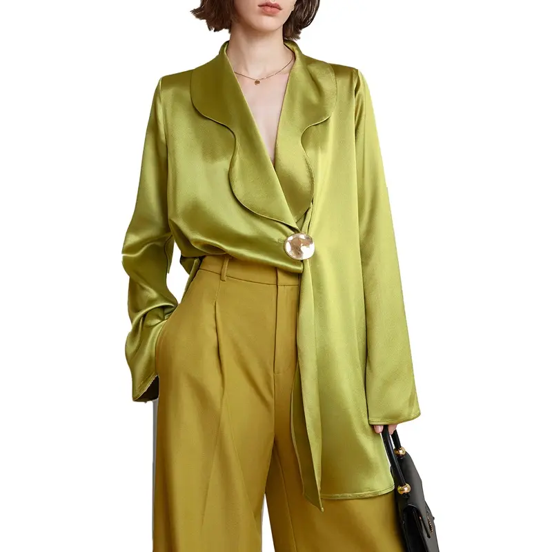 Custom Vintage Blouse Long Sleeve Ladies Asymmetric Design Satin V-Neck Shirt Top Women