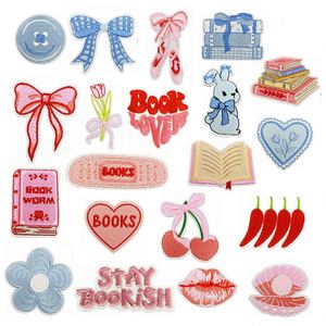 Parche termoadhesivo bordado de moda rosa con diseño de zapatillas de ballet, lazo, labios y cereza para decoración de ropa, sombreros y bolsos - Product Image 1