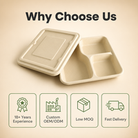 Assiette carrée jetable écologique à 3 compartiments en pulpe de bagasse, 100 % compostable, résistante à l'huile, avec couvercle, pour plats à emporter