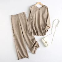 Ensemble pull et pantalon large en maille unie décontracté pour femme – Nouvelle version coréenne tendance automne-hiver – Ensemble deux pièces classique