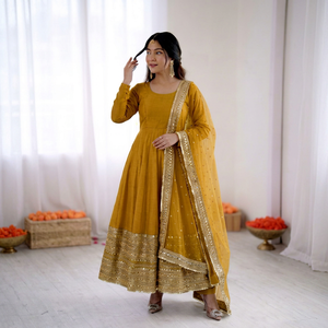 ชุดเดรส Anarkali สีเหลืองมัสตาร์ดปักลาย พร้อมผ้าคลุมไหล่ ชุดพื้นเมืองสำหรับผู้หญิงอินเดีย ปากีสถาน เหมาะสำหรับงานแต่งงานและงานปาร์ตี้ - Product Image 1