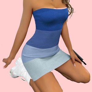 Robes pour femmes sans bretelles en tricot côtelé colorblock, mini, mode printemps-été, fabriquées en usine OEM - Product Image 3