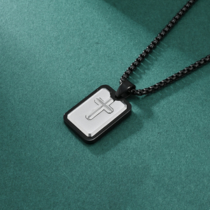 KOMI <span class=keywords><strong>Argent</strong></span> Noir Or Acier Inoxydable Rectangle Médaille Gravé Croix Pendentif <span class=keywords><strong>Collier</strong></span> pour Hommes Boîte Chaîne 24 Pouces Bijoux Cadeaux - Product Image 5