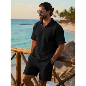 FOXA Men's <b>Waffle</b> Knit Polo <b>Shirt</b> And Shorts Set Breathable Summer Outfit - Product Image 2