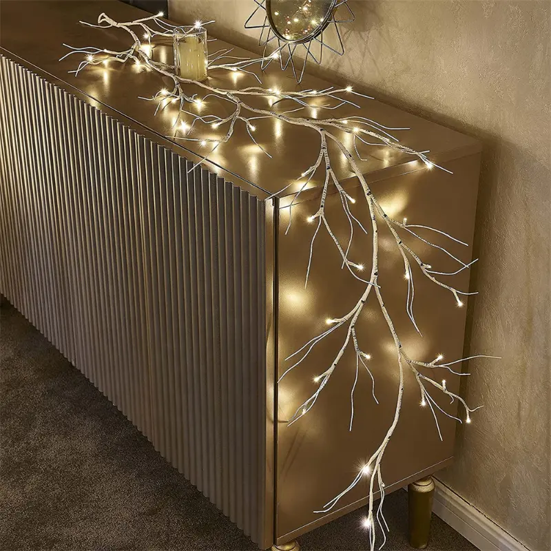 2023 Birch Garland Lights 48 LED Battery Operated - Lighted Twig Vine for Fireplace 8 Modes Decoration Indoor Outdoor Use