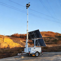 Tour de vidéosurveillance solaire mobile HiSOLO 7M avec mât manuel, 2 panneaux solaires 600W, étanche IP65, autonomie 72H, remorque de sécurité hors réseau