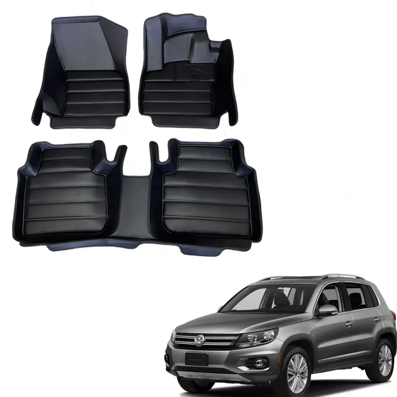 HFTM Matras Lantai Penuh Pola Tendangan Mobil Asli Dekorasi Kustom Karpet Kulit PU Tekanan Panas 5D untuk Volkswagen Tiguan2016 +