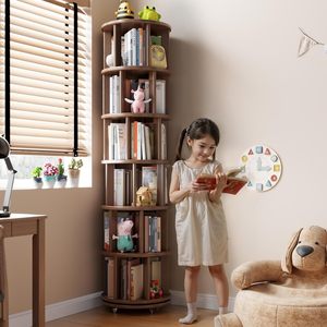 Bibliothèque rotative à 6 niveaux en bois massif, finition en bois d'hévé<span class=keywords><strong>a</strong></span>, roulettes pivotantes à 360°, bibliothèque <span class=keywords><strong>tour</strong></span> pour salon, meubles de style mid-century - Product Image 4