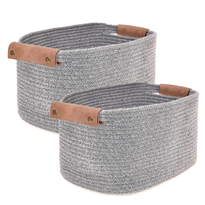 Nordic Cotton Rope Woven <strong>Square</strong> <strong>Storage</strong> <strong>Basket</strong> with Leather Handles Cross-Border Household Fabric <strong>Basket</strong> - Product Image 2