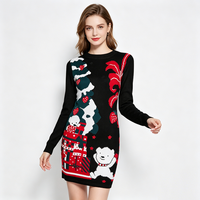 Robe pull jacquard à col rond et manches longues, coupe ajustée, motif ours et cadeaux de Noël, très populaire