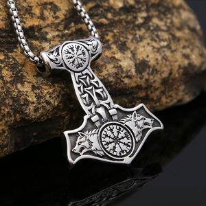 yunnique Stainless Steel Viking Thor Hammer Pendant Necklace Men Retro Hip Hop Jewelry Gift Steel Colored <b>Chain</b> - Product Image 1