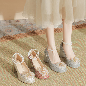 Scarpe da Donna <span class=keywords><strong>con</strong></span> Tacco a Blocco e Punta Quadrata, Glitterate, <span class=keywords><strong>con</strong></span> Cinturino alla Caviglia <span class=keywords><strong>con</strong></span> Perle e Fiore di Cristallo, per Matrimoni e Feste - Product Image 3