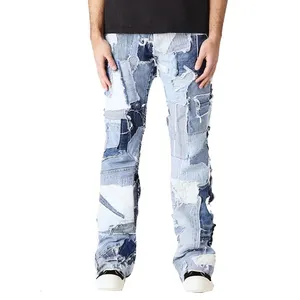 Mens גבוה מותן טלאים ישר ג 'ינס בלוק צבע במצוקה ינס מכנסיים חומצה לשטוף גלם קצה ג' ינס