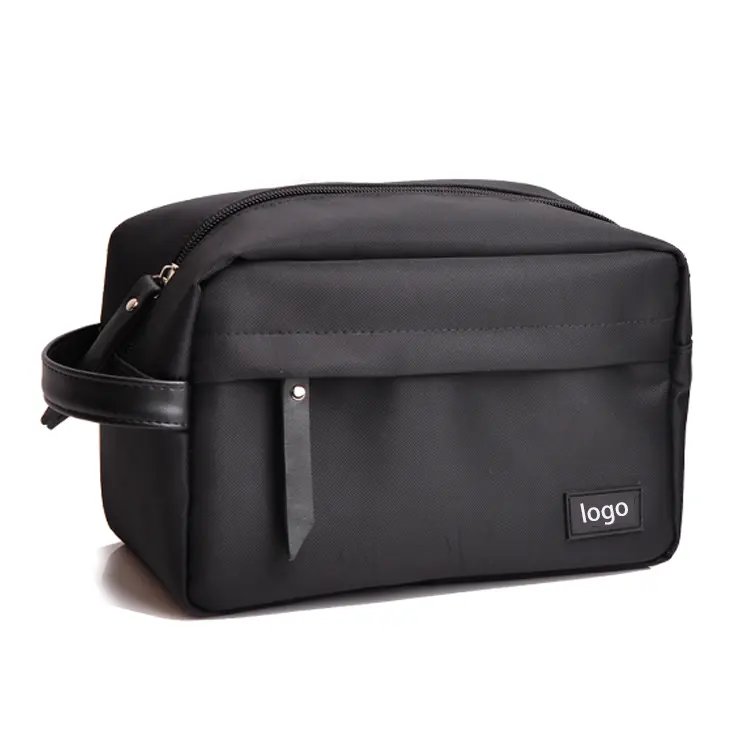 Venta caliente regalo promocional logotipo personalizado mango cosmético bolsa de lona viaje Negro neceser para hombres
