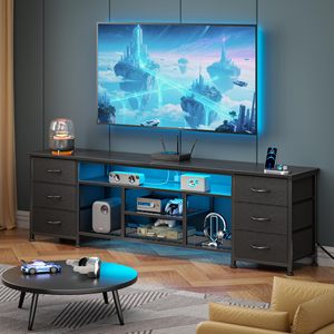 Consola multimedia para dormitorio con estantes abiertos, soporte de TV negro, centro de entretenimiento, tomas de corriente, cajones de tela, cómoda - Product Image 2
