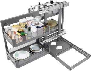 Gruwill Organisateur de rangement de cuisine d'angle aveugle à 2 niveaux coulissant gauche/droite 4 paniers réglables Mécanisme de fermeture en douceur Chrome Magic - Product Image 5
