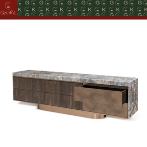GOLDKING Mueble de <span class=keywords><strong>TV</strong></span> Moderno para Sala de Estar, Mármol Patagonia Blanco con Vetas Marrones, Madera de Nogal, Cajones de Metal Cobre, Fabricación Personalizada OEM - Product Image 4