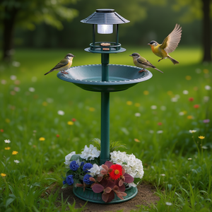 Baño para pájaros solar con comedero y pedestal para maceta, luz de jardín LED verde 2700K IP65, alimentado por energía solar para exteriores - Product Image 2