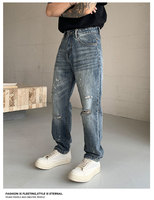 Jean large SAG American High Street pour homme, nouveau modèle décontracté coupe droite avec trous, effet barbe de chat, délavé et rivets