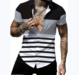 2025 personnalisé hommes décontracté à manches courtes chemise Style Vintage numérique rayé imprimé motif unique paquet - Product Image 1