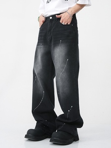 Pantalon blanc lavé noir peint à la bombe rétro décontracté mode de rue populaire personnalisé hommes jean Baggy droite coupe ample - Product Image 2