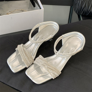 XSD Summer Collection Comfortable Women's <b>Silver</b> Sandals with <b>Low</b> <b>Heels</b> Black Crystal Lace-Up Design for Outdoor Use - Product Image 4