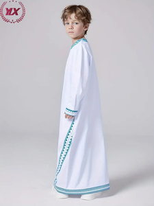 Abito <span class=keywords><strong>arabo</strong></span> <span class=keywords><strong>bianco</strong></span> fatto a mano da bambino ricamo blu tradizionale Design a maniche lunghe personalizzabile a colori in poliestere per ragazzi - Product Image 2