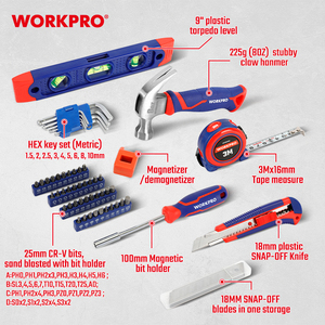 Ensemble d'outils à main <span class=keywords><strong>WORKPRO</strong></span> 66 pièces avec boîte en plastique empilable, clé à molette réglable, clés hexagonales, marteau, ruban à mesurer et embouts CR-V - Product Image 2