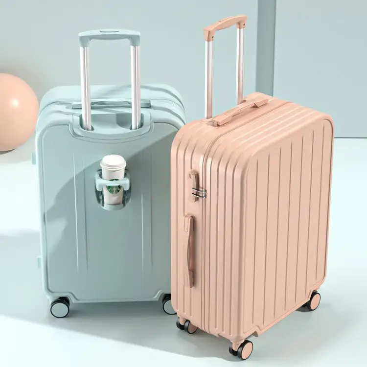 Multi-functional fashion luggage with water cup holder USB interface side hook brake wheel travel carryon luxury suitcase