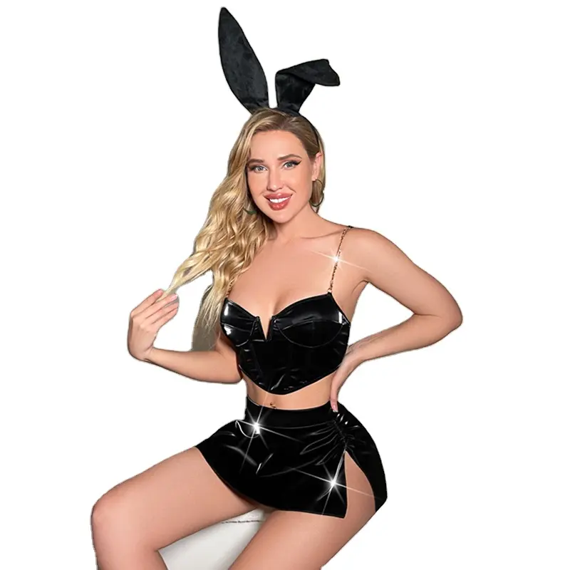 Conjunto de lencería Sexy para mujer, Top y falda con corte en V y cadena de hilo para el pelo, juego de rol, disfraz de conejo de látex negro
