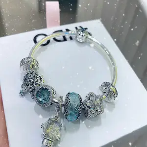 Atacado s925 Sterling silver pet Anjo Ice Crystal Frost Blue Snow Angel Wings Snow View Pandor Pulseira pulseira para as mulheres