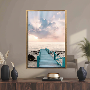 Printed Coastal Sky Canvas Art: Elegant Wood Bridge Seascape,<b>GOLD</b> <b>FRAMED</b> CANVAS - Product Image 3
