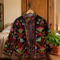 Blouson Bomber Bohème en Velours Tricoté Matelassé Brodé Floral à Manches Longues pour Femme – Style Prairie Chic en Coton pour l'Automne