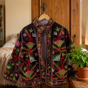 Blouson Bomber Bohème en Velours Brodé Floral, Col Mandarin, Manches Longues, Style Prairie Chic pour Femme, en Coton avec Lettres, Collection Automne - Product Image 1