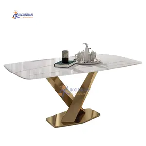 Mesa de comedor rectangular con patas de acero inoxidable y doble bandeja, mesa superior de mármol para hotel, patas en forma de V