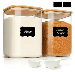 Juego de 2 Frascos Cuadrados de Vidrio con Tapas de Bambú, Recipientes Herméticos Grandes <span class=keywords><strong>para</strong></span> Harina y Azúcar con Etiquetas y Tazas Medidoras - Product Image 1